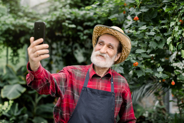 Portrait of handsome cheerful 60s bearded man gardener, wearing checkered shirt, apron and straw hat, standing in beautiful orangery and having fun while making selfie on smartphone - Foto, Imagen