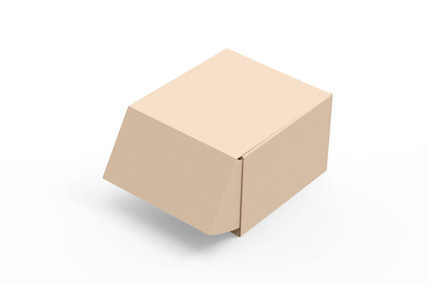 Beyaz arkaplanda 3D Karton Kutu Tasarımı. Beyaz arkaplanda 3 boyutlu çizim izole edildi. Gölgeli boş Kraft Karton Kutu Mockup. 3B Görüntü. - Fotoğraf, Görsel