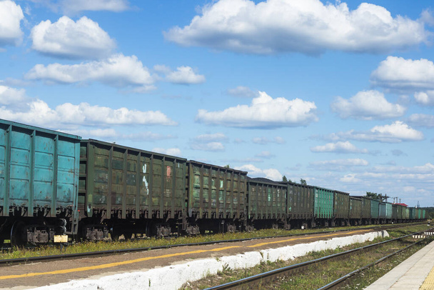 a freight train stands on the railway tracks against a background of blue sky and clouds - Photo, Image