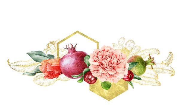 Peony and pomegranate fruit and flower watercolor arrangement. Hand drawn floral illustration with blossoms, palm leaves and golden geometric decor. Exotic lush arrangement on white background - Foto, Imagen