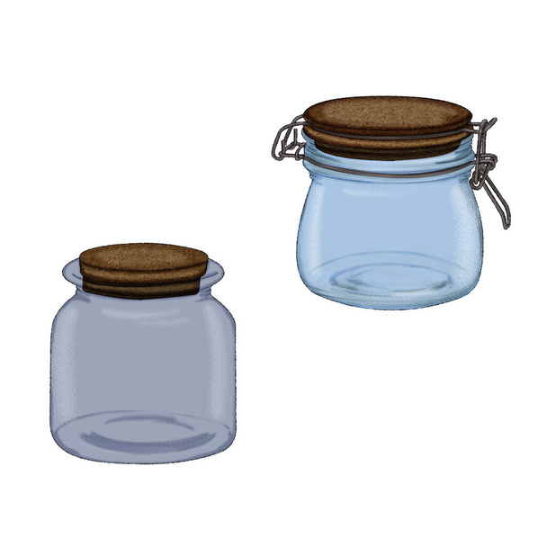Tarro de vidrio con tapa de madera para conservar las piezas de trabajo. Ilustración en dos versiones.. - Foto, imagen