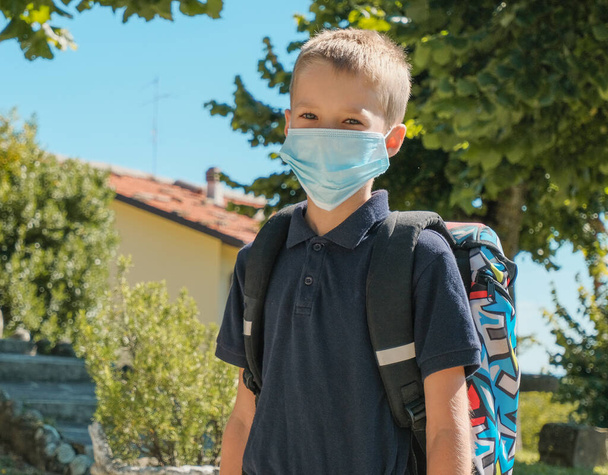 Καυκάσιος μαθητής με προστατευτική ιατρική μάσκα προσώπου με σχολική τσάντα στην πίσω αυλή κοντά στο σχολείο. Μάθηση κατά τη διάρκεια της πανδημίας.  - Φωτογραφία, εικόνα
