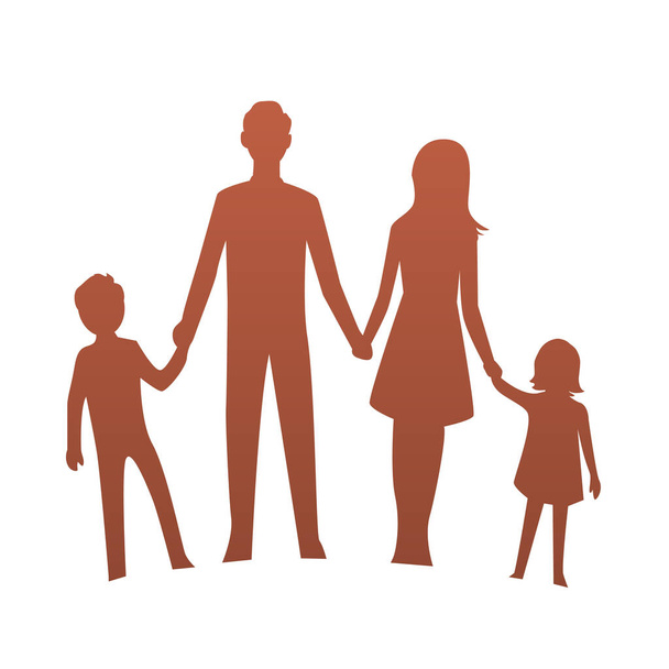 Silhouette einer Familie mit Mutter, Vater, Sohn und Tochter. Stehen und Händchen halten. Vektor isolierte Illustration - Vektor, Bild