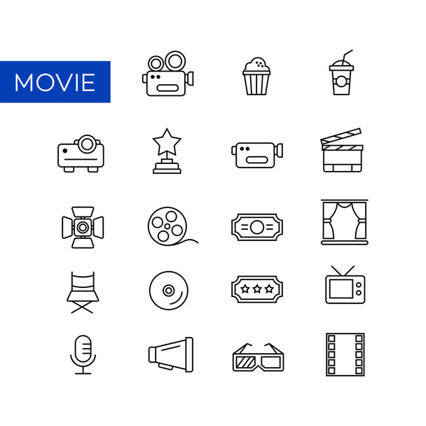 A collection of line icons from showbiz and filmmaking. Suitable for design elements from cinema, video channels, movies and acting performances. Camera icon, film roll, and cinema ticket. - Vector, Image