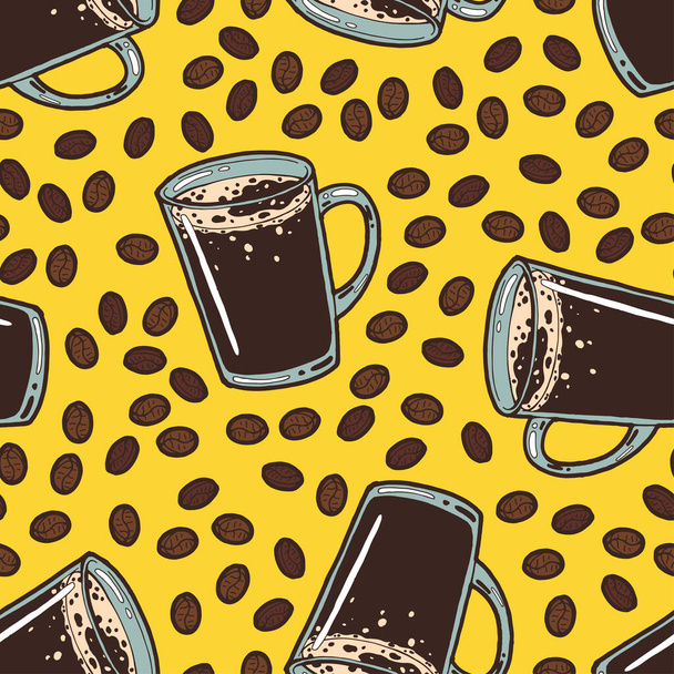 Бесшовный фон с рисунком руки нарисованы сильный черный горячий кофе Americano с пеной в прозрачной чашке, кофейные зерна - Вектор,изображение