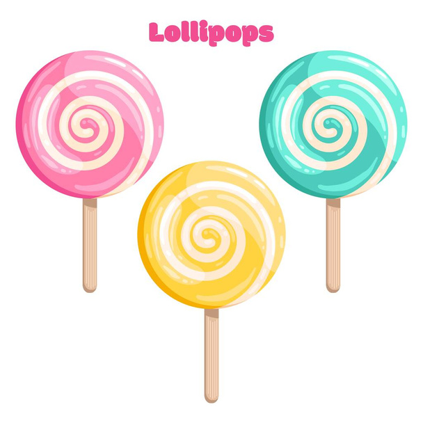 Bright colored lollipop. Sweet dessert for kids. Candy on a stick. Pink, blue, yellow spiral. Isolated cartoon illustration clipart set on white background - Vector, Image