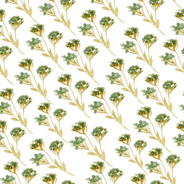 Seamless hand drawn watercolor pattern with green yellow wild herbs leaves grass in wood woodland forest. Organic natural plants, floral botanical design for wallpapers textile wrapping paper. Fall - Fotografie, Obrázek