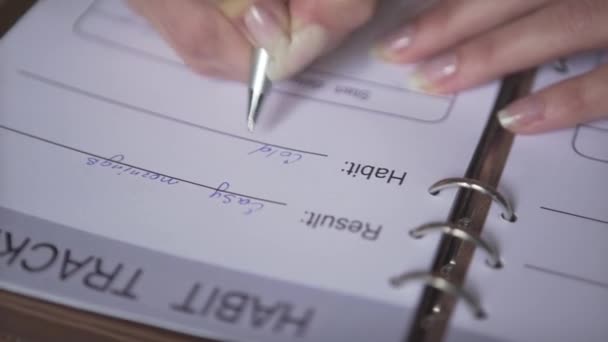 Primer plano plano de las manos de la mujer escribiendo con pluma de plata en cuero marrón bloc de notas rastreador hábito bala planificador diario - Imágenes, Vídeo