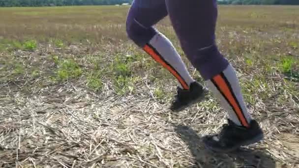La mujer con calcetines de compresión corre en el campo cosechado. Piernas humanas corriendo en el campo. Movimiento lento - Imágenes, Vídeo