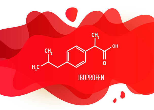 Ibuprofen chemische molecule structuur met een rode vloeibare vloeistof gradiënt vorm met kopieerruimte op witte achtergrond - Vector, afbeelding