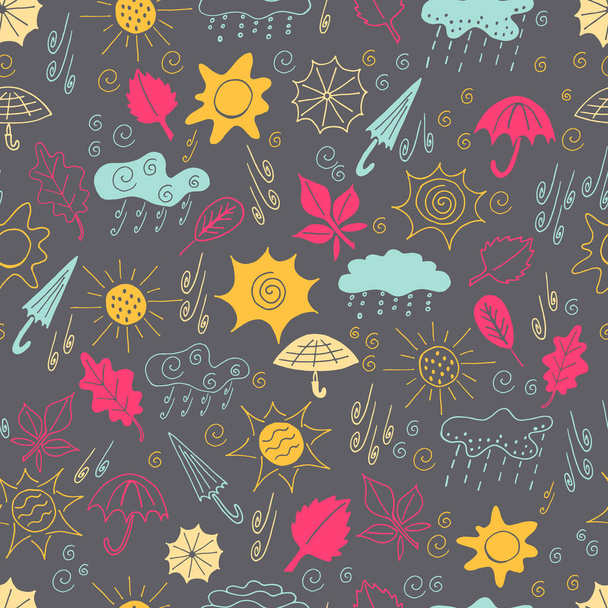 Çeşitli yaprakların parlak sonbahar deseni, güneş, bulutlar ve şemsiyeler. Rahat ve sıcak bir ortam yaratıyor. Doodle tarzı. Kırtasiye, tekstil ve dekor üzerine baskı yapmaya elverişli. - Vektör, Görsel