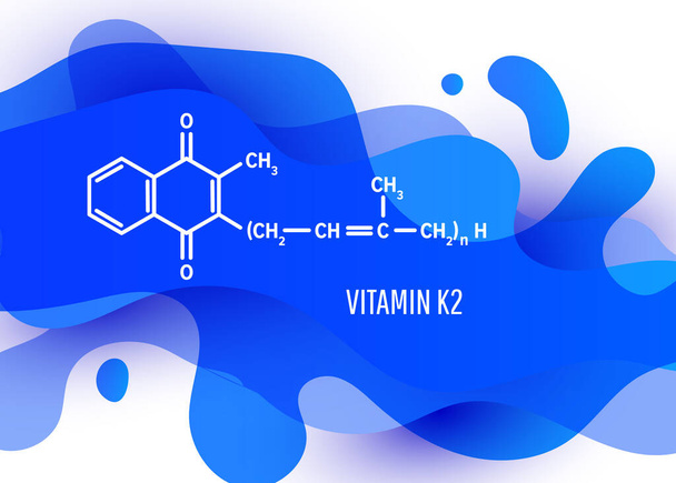 Fórmula química estructural de vitamina K2 con forma de gradiente líquido azul con espacio de copia sobre fondo blanco - Vector, Imagen