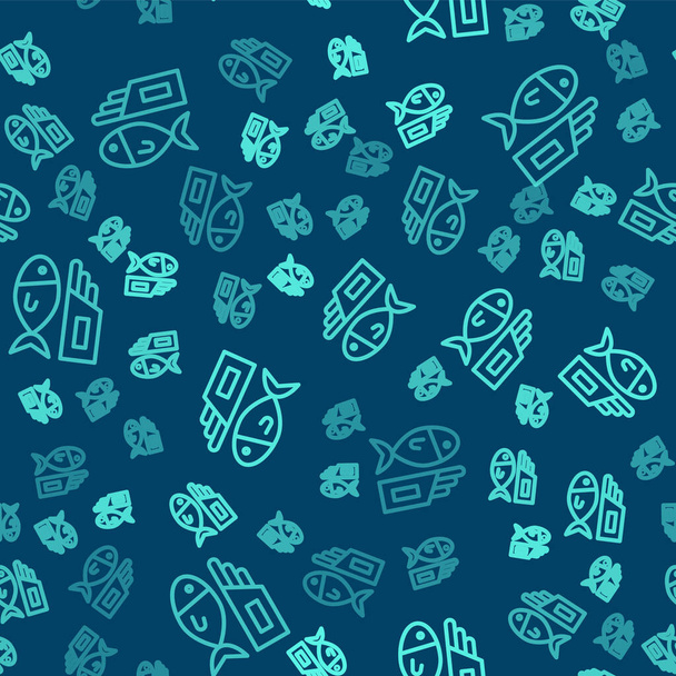 Grüne Linie Fisch und Chips Symbol isoliert nahtlose Muster auf blauem Hintergrund. Vektor. - Vektor, Bild