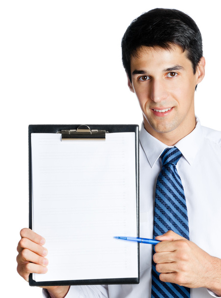 Businessman showing clipboard, isolated on white - Foto, Imagem