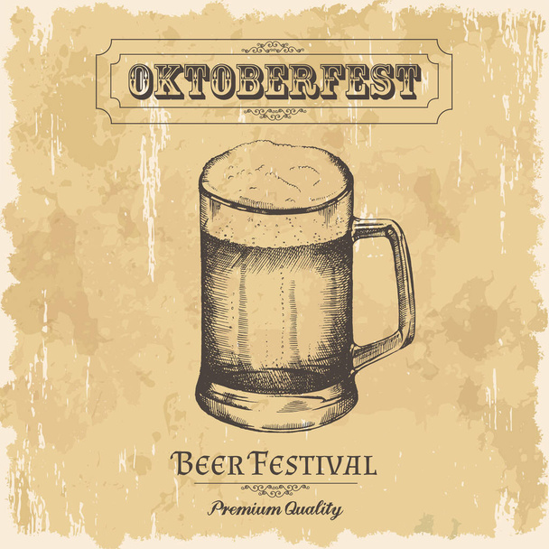 Cartaz vintage com copos de cerveja. Esboço Oktoberfest, desenho à mão livre. Vetor - Vetor, Imagem