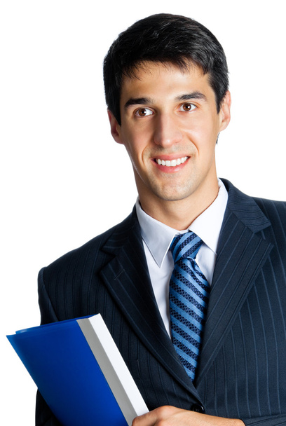 Smiling businessman with blue folder, isolated on white - Фото, изображение