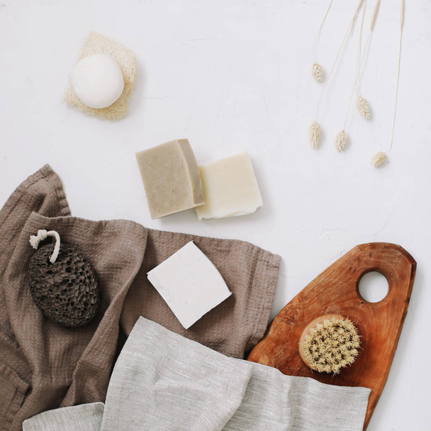 Zero waste kitchen accessories, natural organic soap. Concept of plastic free and eco friendly products in household, top view - Fotoğraf, Görsel