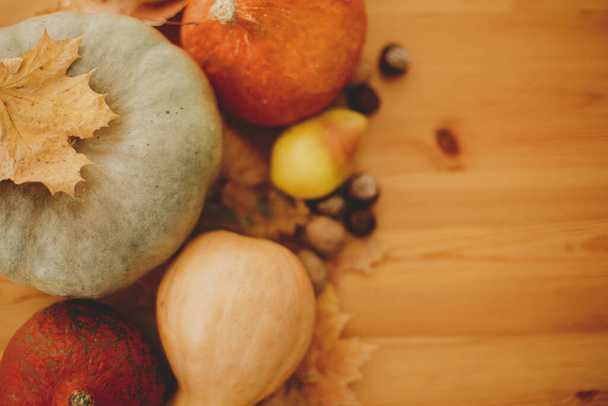 Kürbisse, Herbstblätter und geerntetes Gemüse auf einem Holztisch in einem sonnigen Raum. Happy Thanksgiving und Halloween, die Herbstferien zu Hause feiern. Raum für Text - Foto, Bild