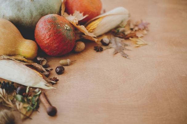 Pumpkins, autumn leaves, nuts and spices on rustic wooden background with space for text. Happy Thanksgiving and Halloween decor, celebrating autumn holidays at home - Foto, afbeelding