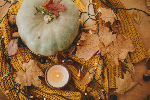 Ευτυχισμένες Ευχαριστίες και Απόκριες, γιορτάζοντας τις φθινοπωρινές διακοπές στο ζεστό σπίτι. Κολοκύθα, φύλλα φθινοπώρου, μπαχαρικά και κερί σε ζεστό πλεκτό πουλόβερ σε ζεστά κίτρινα φώτα. - Φωτογραφία, εικόνα