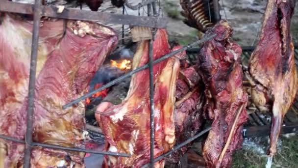 Carne de cordero estacada, cocida al fuego - Záběry, video
