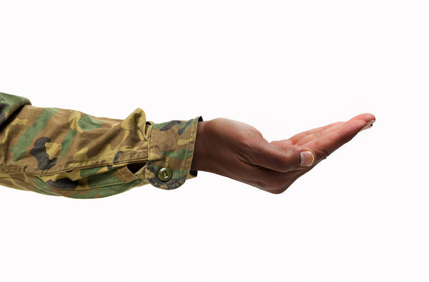 soldier man hand with palm up isolated on white - Фото, зображення