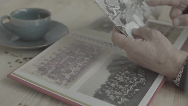 Close up view on old woman hands pointing at young people on black white photograph in family photo album on wood table - Footage, Video