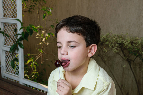 Niño brasileño de 7 años en una sesión de fotos en la guardería en una tarde soleada. Comer piruleta y chocolate blanco. - Foto, imagen