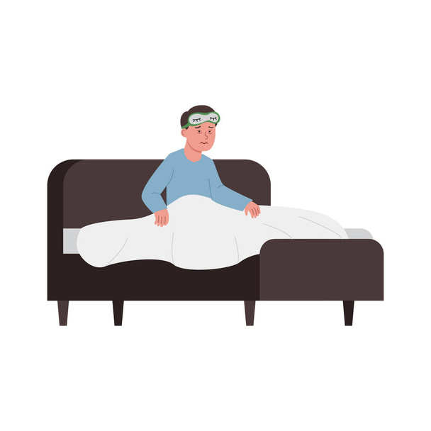 El hombre tiene trastornos del sueño llamados insomnio trabajado en la cama Ilustración plana - Vector, imagen