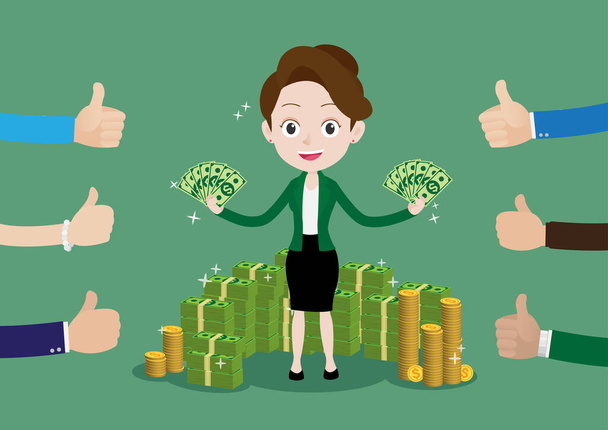 People like and give a thumbs up to business woman holds dollar and standing in a lot of money around her, Society that praise the rich, Money is god concept - Вектор,изображение