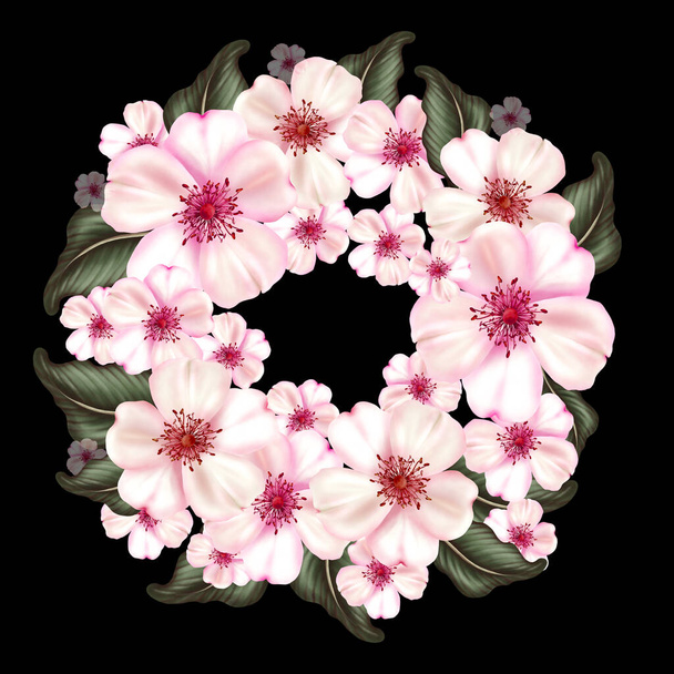 Japanese cherry blossom wreath with pink flowers and green leaves.  - Foto, Bild