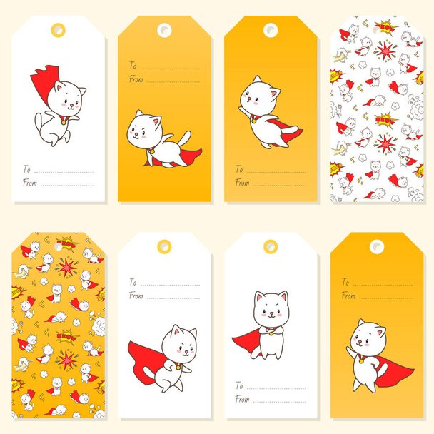 Cute gift tags. Set of gift tags with illustrations of funny super kittens. Vector 10 EPS. - Wektor, obraz