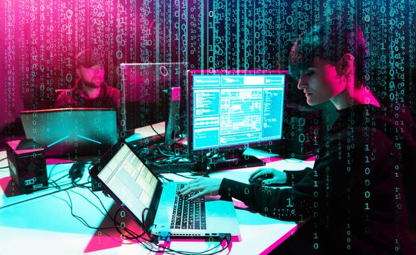 Hackers making cryptocurrency fraud using virus software and computer interface. Blockchain cyberattack, ddos and malware concept. Underground office background. - Foto, imagen
