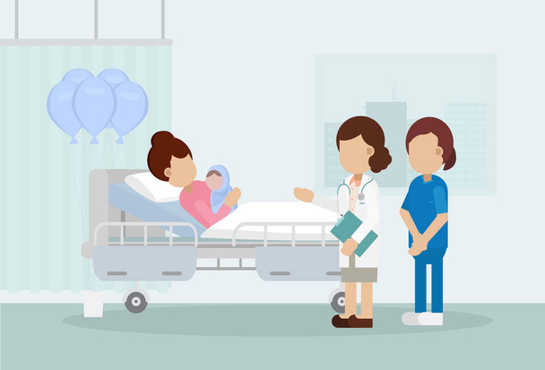 Enfermaria maternidade com médico desenho plano ilustração vetorial - Vetor, Imagem
