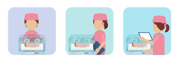 Enfermera con bebé en incubadora diseño plano vector ilustración - Vector, Imagen