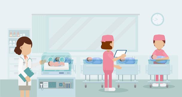 Enfermaria maternidade com bebê recém-nascido design plano ilustração vetorial - Vetor, Imagem