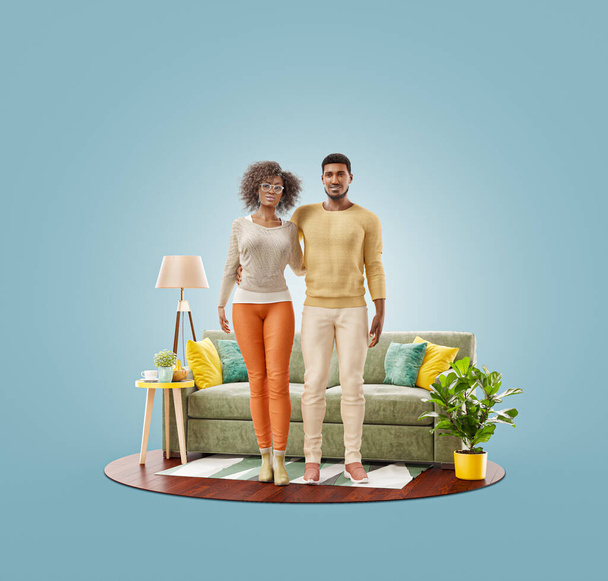 Unusual 3d illustration of a Happy african american family enjoying a new home. Happy family concept. - Φωτογραφία, εικόνα