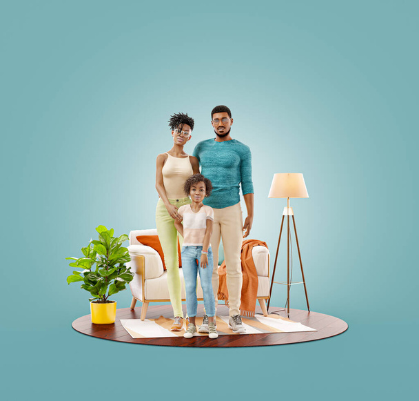 Unusual 3d illustration of a Happy african american family enjoying a new home. Happy family concept. - Photo, image