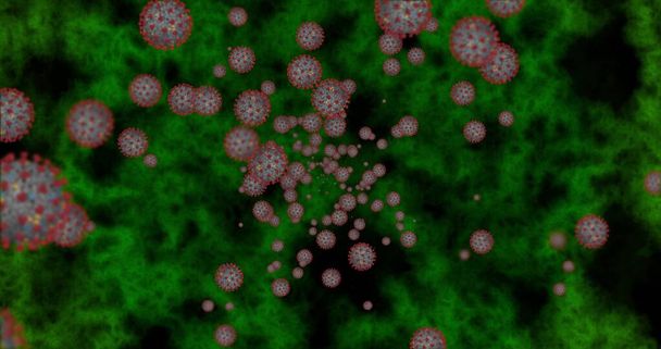 Cellule di coronavirus COVID-19 Malattia infettiva. Malattia a trasmissione rapida. Alta concentrazione di coronavirus. Illustrazione 3D di rendering - Foto, immagini