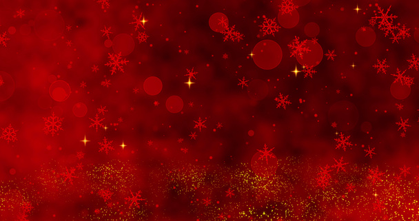 Red confetti, snowflakes and bokeh lights on the red Christmas background. 3D illustration - Photo, Image