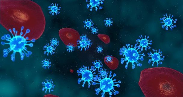 Koronavirové buňky. Animační skupina virů, které způsobují respirační infekce pod mikroskopem. 3D vykreslování, 3D ilustrace - Fotografie, Obrázek