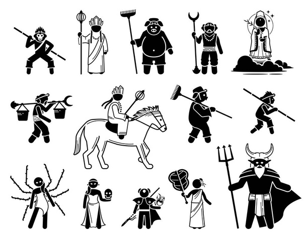Set di icone dei personaggi di Journey To The West. Illustrazioni vettoriali di eroi leggendari e cattivi della mitologia cinese. - Vettoriali, immagini