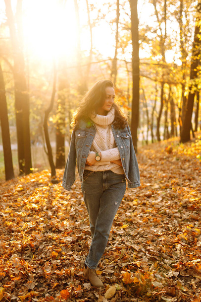 Stylish young woman wearing warm sweater posing in the autumn forest. Beautiful girl walks in the autumn in the park at sunset. Lifestyle. High fashion portrait. - Fotó, kép