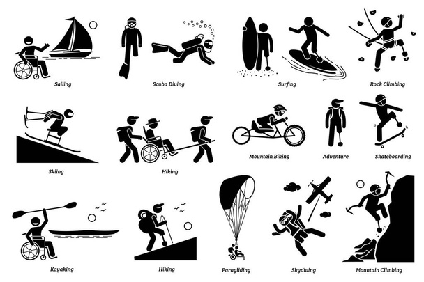 Adaptieve recreatieve activiteiten voor gehandicapten of gehandicapten steken figuur pictogrammen. Vector illustraties van extreme sporten en toegankelijke avonturen voor personen met een lichamelijke handicap.  - Vector, afbeelding