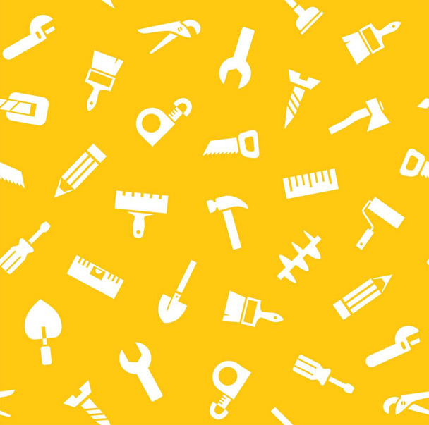 Hand tools, construction, seamless pattern, yellow. White icons on a yellow field. Single-color flat background. Vector.  - Wektor, obraz