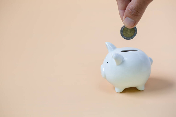 Close up female hand putting coin into piggy bank, save money for future - 写真・画像