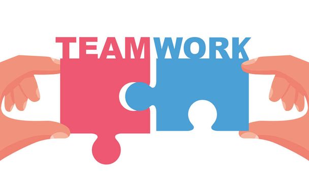 Teamwork concept. Symbol of association and connection. Puzzle hold in hands businessman. Vector illustration flat style design. Cooperation, partnership. Working together. Business strategy metaphor. - Vektor, Bild