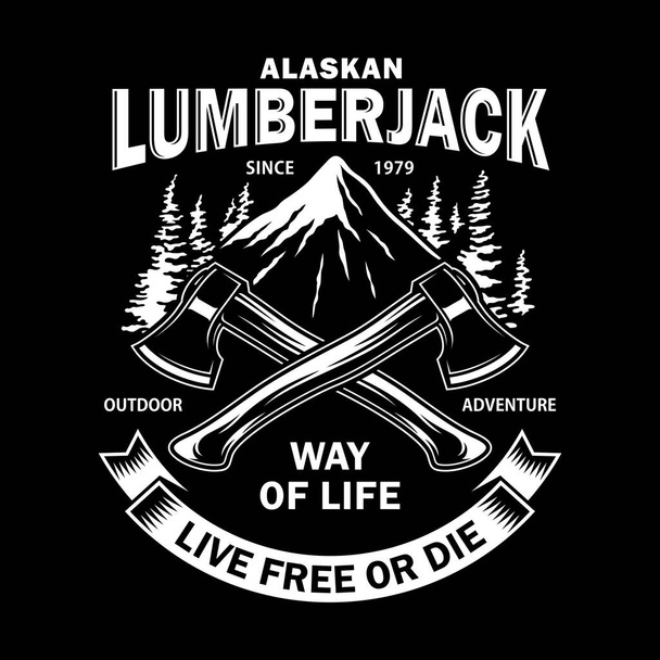 Lumberjack embleem met gekruiste bijlen op zwart - Vector, afbeelding