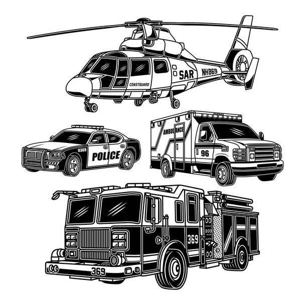 Collection de véhicules d'urgence en noir et blanc  - Vecteur, image
