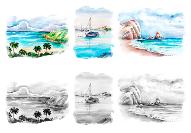 Aquarelle conjunto de arte esboço à beira-mar, ilustração de fundo - Foto, Imagem